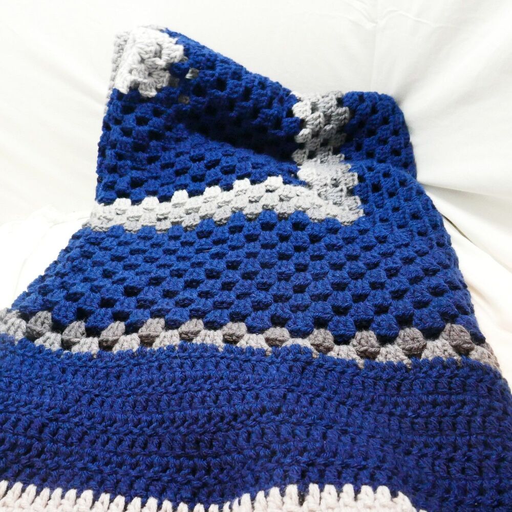 Handmade Square Blanket 62 x 48 Blue Gray Crochet Navy Blue Greys